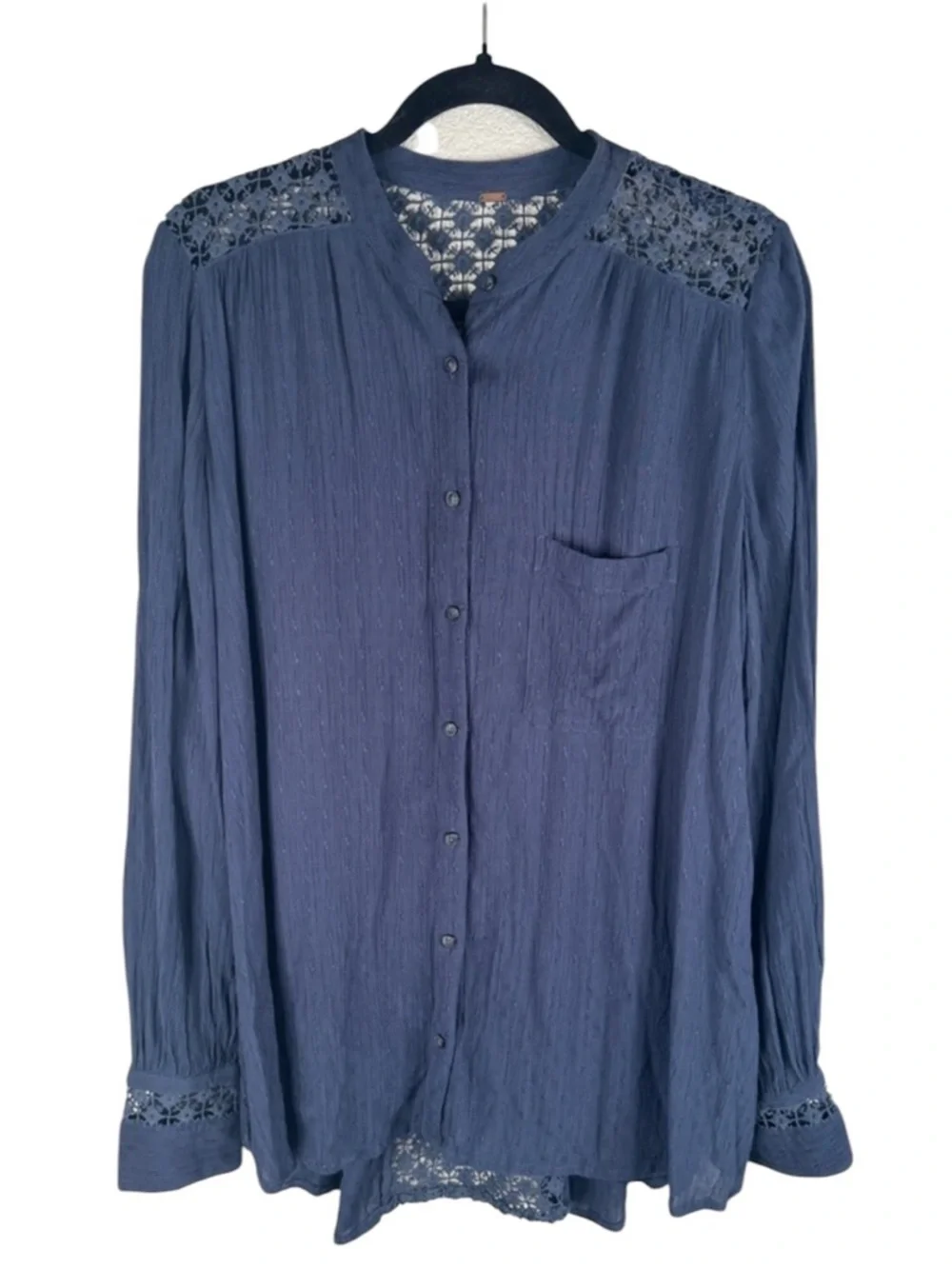 Free People The Best Blouse Lace Crochet Hi Lo Hem Long Sleeve Blue Top‎ Size L